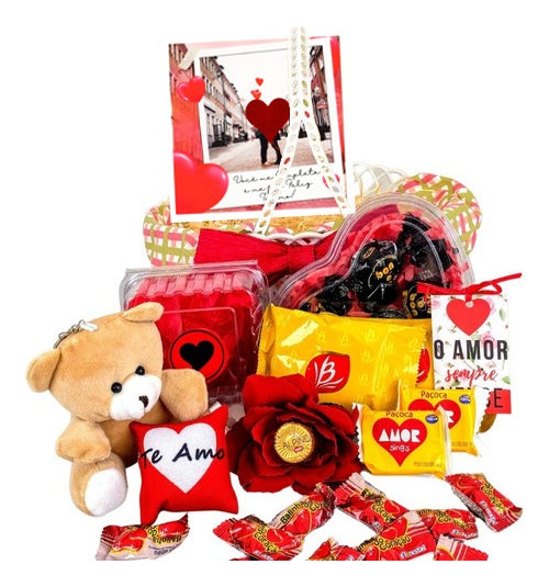 Kit Rosas Artificiais + Chocolates + Ursinho Cesta Presente