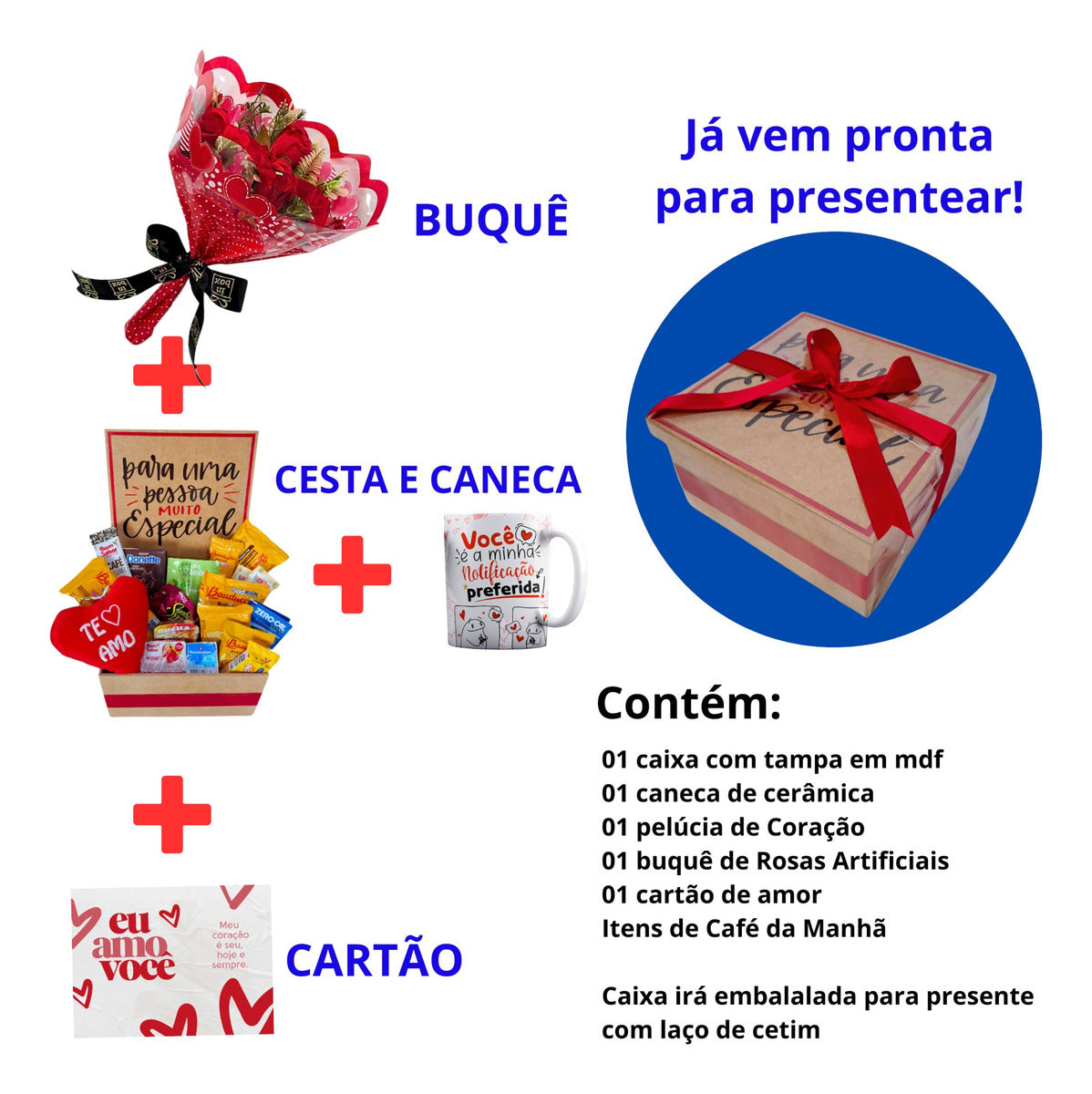 Buquê De Rosas | Cartão | Cesta Café Da Manhã Kit Romântico