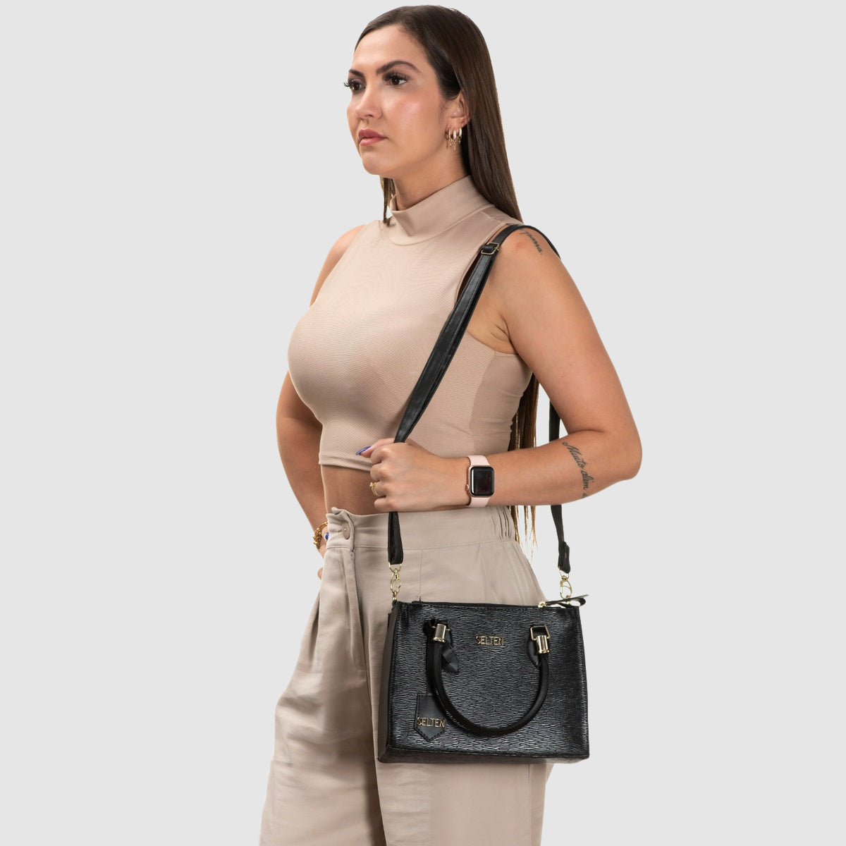 Bolsa Feminina Transversal Tote Media Com Carteira Feminina Preta