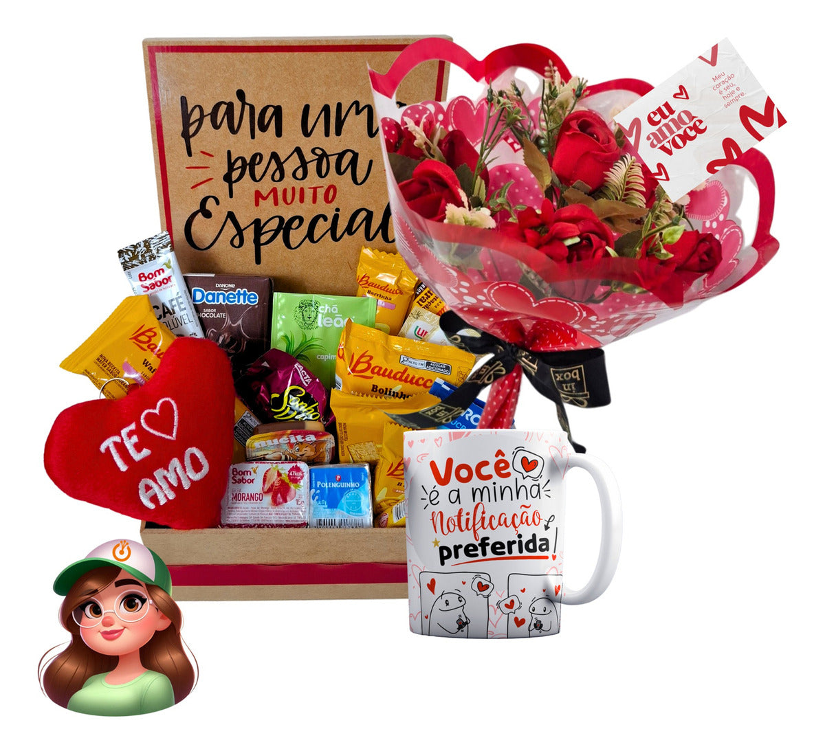 Buquê De Rosas | Cartão | Cesta Café Da Manhã Kit Romântico