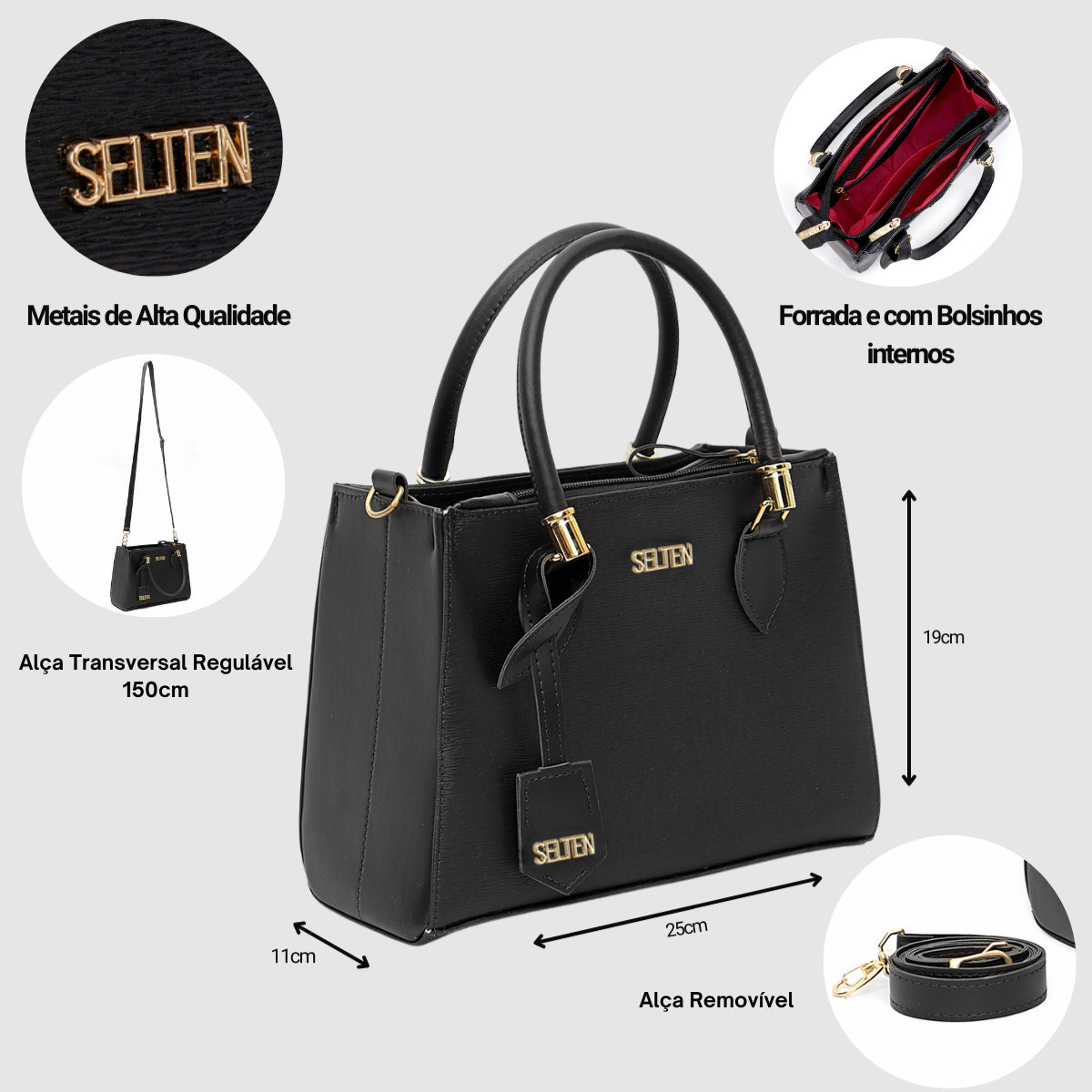 Bolsa Feminina Transversal Tote Media Com Carteira Feminina Preta